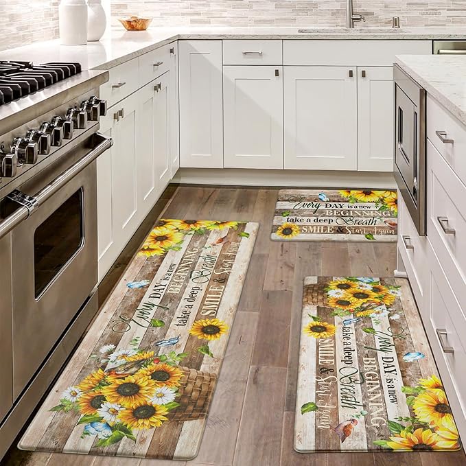 Likiyol Sunflower Kitchen Mats for Floor [3 PCS] Anti Fatigue Mats for Kitchen Floor, Floral Farmhouse Kitchen Rugs Non Slip Washable Comfort Kitchen Decor Mat, 18'' x 30'' + 18'' x 48'' + 18'' x 60''