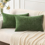 MIULEE Pack of 2 Couch Throw Pillow Covers 12x20Inch Soft Moss Green Spring Chenille Lumbar Pillow Covers for Sofa Living Room Solid Dyed Cases