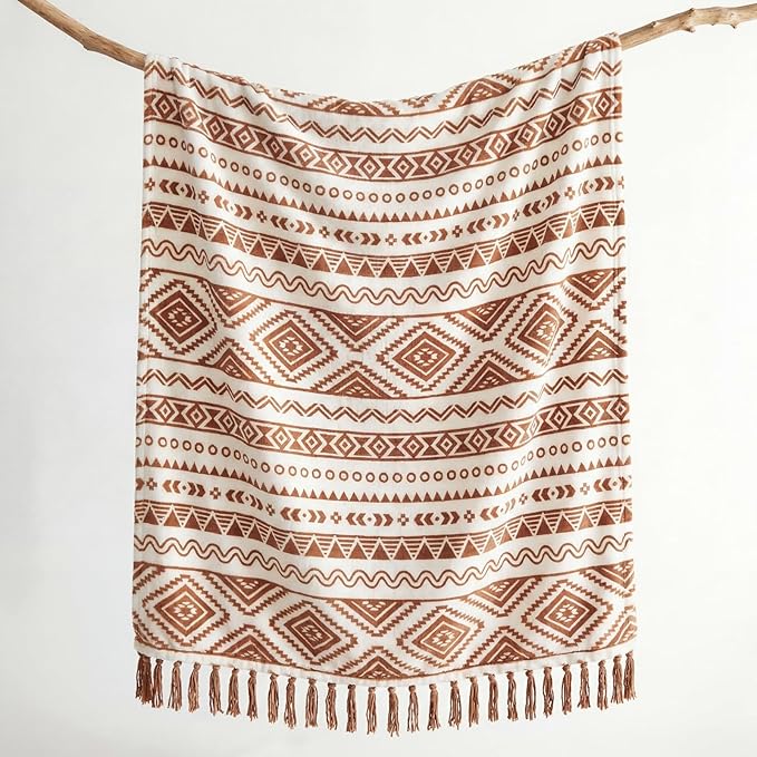 CASAAGUSTO Boho Throw Blanket - Terrcotta Decorative Blankets with Tassel, Printed Flannel Bohemian Blanket for Chair, Bed, Sofa, Couch(50 * 60, Terrcotta)