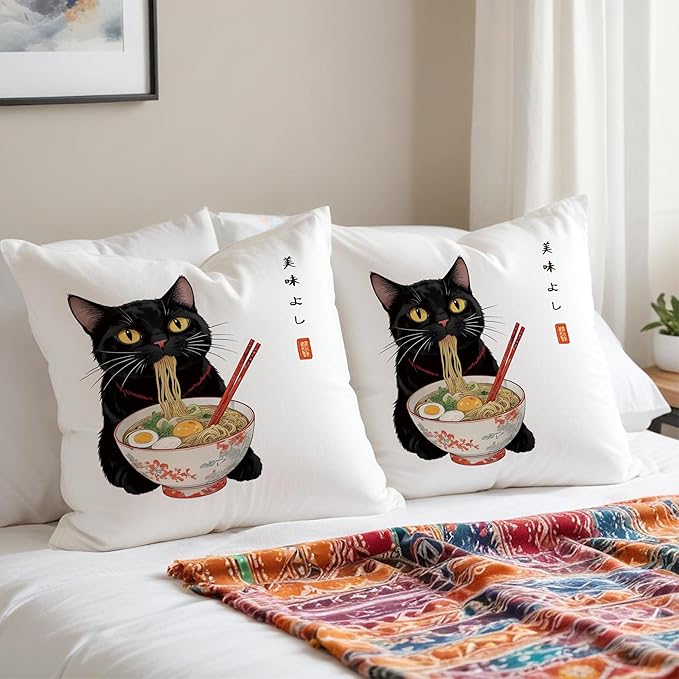 Funny Anime Vintage Black Cat Japanese Ramen Noodles Pillow Covers 18x18, Aesthetic Black Cat Art Painting Decor Pillow Covers for Room Bedroom