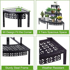 aboxoo 3 Tier Plant Stand Flower Pot Rack, Metal Stair-Step Style Corner Shelf Planters, Quarter Round Display Holder for Indoor Outdoor Use(Black, Semicircle)
