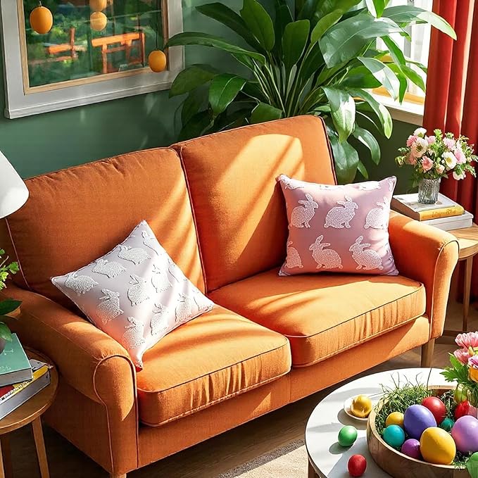 2 Pcs Tufted Easter Pillow Covers 18'' Pink White Rabbit Throw Pillow Cases 3D Soft Plush Faux Fur Wool Couch Cushion Case for Chair Sofa Bedroom Living Room Home Easter Decor