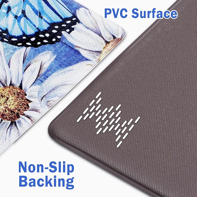 Likiyol Butterfly Kitchen Rugs Set of 2 Kitchen Mats for Floor Farmhouse Anti Fatigue Mats for Kitchen Floor, Daisy Kitchen Rugs Non Slip Washable Standing Floor Mats, 18'' x 30'' + 18'' x 48'', Blue