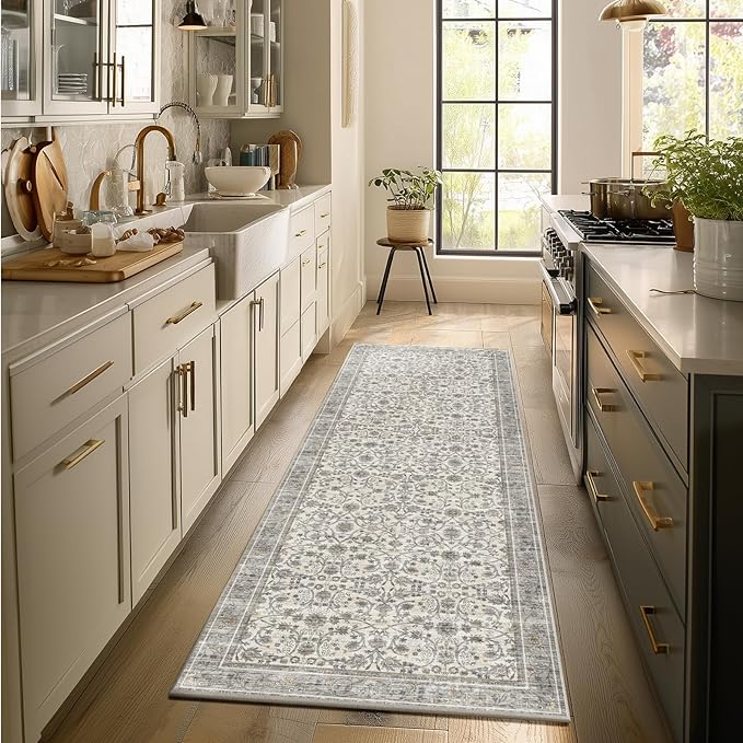 2'x6' Washable Runner Rug Utral Soft Lightweight Vintage Boho Distressed Non-Slip Backing,Low Pile Stain Resistant Farmhouse Rug for High-Traffic Hallway, Kitchen & Laundry
