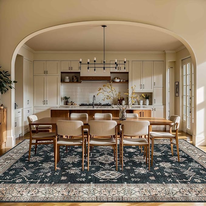8x10 Area Rugs for Living Room, Large Washable Rug, Black Vintage Boho Rug, Non Slip & Low Pile Faux Wool Carpet for Indoor Dining Room, Bedroom and Farmhouse(Black 8x10ft)