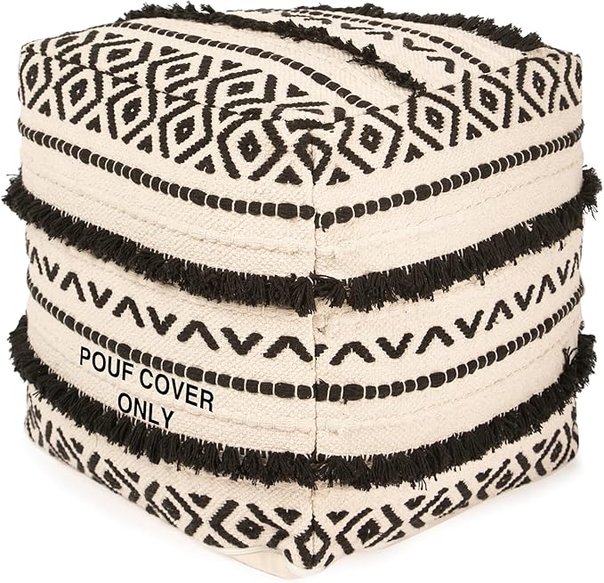 REDEARTH · UNSTUFFED Pouf Ottoman Cover Textured Boho Storage Cube Bean Bag Farmhouse Poof Pouffe Footrest for Living Room, Bedroom, Kidsroom; 100% Cotton (18"X18"X18"; Black Natural)