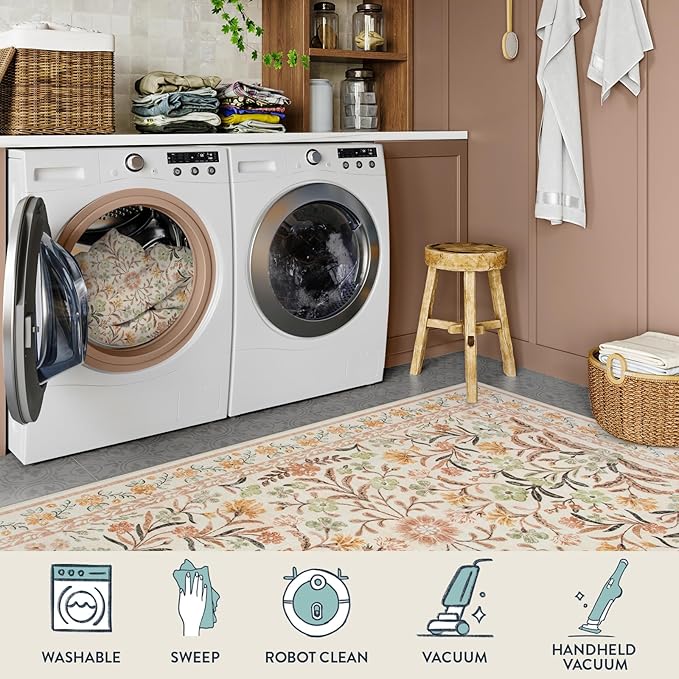 Lahome Sylvie Fall Boho Washable Area Rugs 5x7 for Bedroom, Bohemian Brown Rugs for Living Room, Soft Floral Thin Carpet for Kids Room Apartment Dorm Home Decor, Ochre Fall