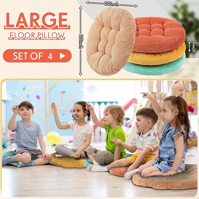 Jerify Floor Pillow Cushions Large Round Square Large Meditation Floor Pillow for Classroom Adult Meditation Picnic Party Seating Learning Daycare School(Round,Yellow Green,4 Pcs)