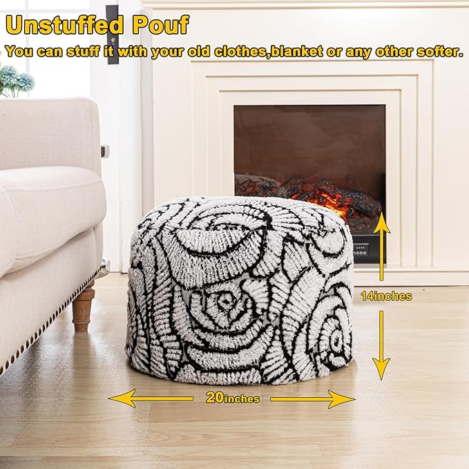 Asuprui Fluffy Flower Pouf Ottoman Cover Only – 20"x14" Round Plush Fuzzy Pouf Shell for Footrest, Stool or Floor Seat, Soft Removable Home Decor (No Insert Included) (Cream)