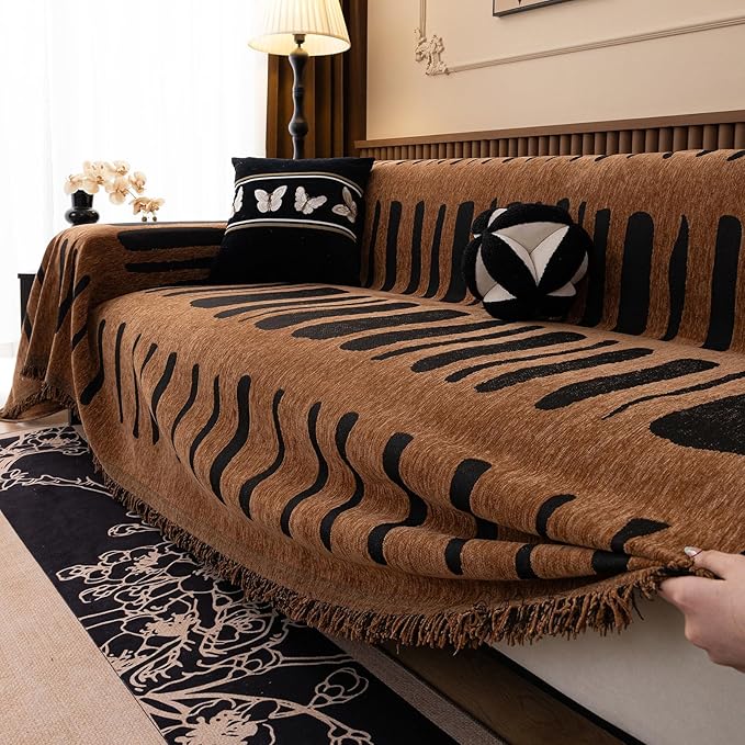 VClife Aztec Couch Cover for Sofa, Thick Plush Jacquard Couch Cover for Sectional Sofa, Breathable Washable Sofa Slipcover for Dog, Bohemian Moroccan White Pumpkin Slip Cover 71"X150"