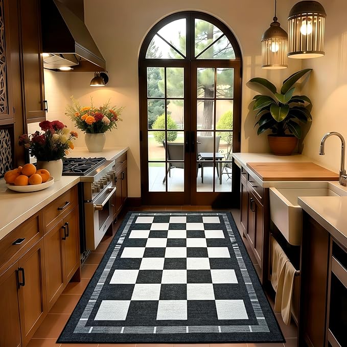 Vasofe Plaid 3x5 Outdoor Patio Rug,Checkered Jute Entryway Rugs, Washable Black and White Indoor Bedroom, Farmhouse Neutral Front Door Mat,Modern Carpet for Porch Patio Balcony Kitchen