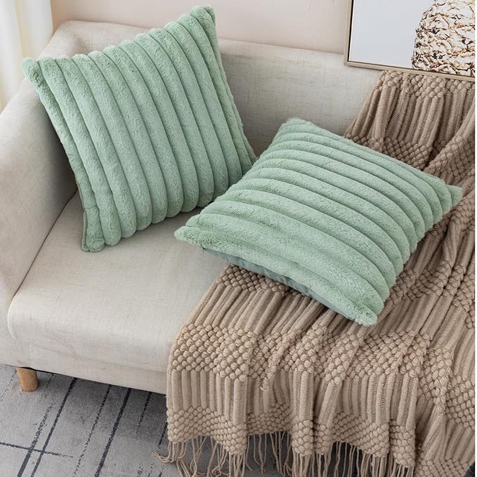 ZLINA Set of 2 Light Green Faux Fur Decorative Throw Pillow Covers Fluffy Striped Pillowcase Cushion Covers 26 x26 Inch Decor Sofa Couch Bedroom