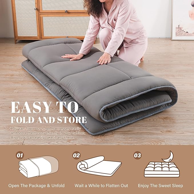 WhatsBedding Japanese Floor Mattress Futon Mattress 3" Grey Tatami Mat Shredded Memory Foam Filled Sleeping Pad, Foldable & Portable Roll Up Lounger Camping Bed,39"x 80" Twin Size