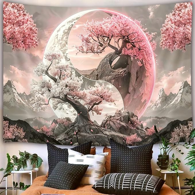 Tree Life Tapestry Aesthetic, Colorful Pink Flowers Sun and Moon Art Tapestry Wall Hanging for Girls Bedroom, Cool Nature Galaxy Yin Yang Anime Tapestries Poster of Dorm Home Decor 90X70 Inches, Pink