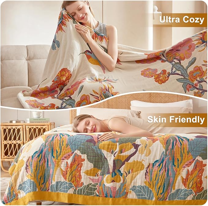 Boho Throw Blanket - 100% Cotton Soft Throw Blanket for Bed, 60"x80" Reversible Breathable Lightweight Spring Blankets, All Seasons Farmhouse Decor Floral Plant Butterfly Throw Quilt