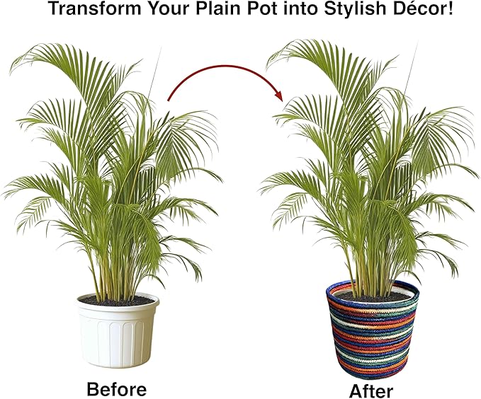 Planter Basket Set – 5-Piece Handwoven Jute Planter Basket for Home Decor, Nursery, or Indoor Plants (5'' to 8'' Diameter, 4.75'' to 7.75'' Height) – Fold & Wrinkle Free - Rainbow Stripe