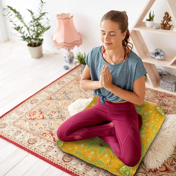 Mandala Meditation Cushion, Boho Meditation Mat, Meditation Pillows for Sitting on Floor, Cushions for Sitting in Home and Outdoor, Square Floor Pillow Cushion Seating for Yoga Accessories 22'' X 22''