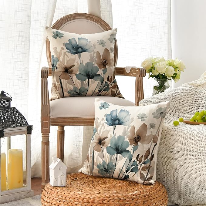 AVOIN colorlife Poppy Flowers Chinoiserie Throw Pillow Covers, 18 x 18 Inch Blue Brown Seasonal Leaves Cushion Case Decoration for Sofa Couch Set of 2