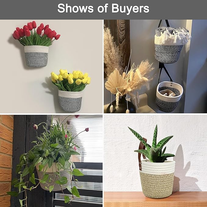 Cotton Rope Hanging Baskets for Organizing 2 Pcs Round Small Wall Basket with Handles Woven Organizer Storage Basket for Kitchen Bedroom Living Room Office (6”x6”, Light Brown)
