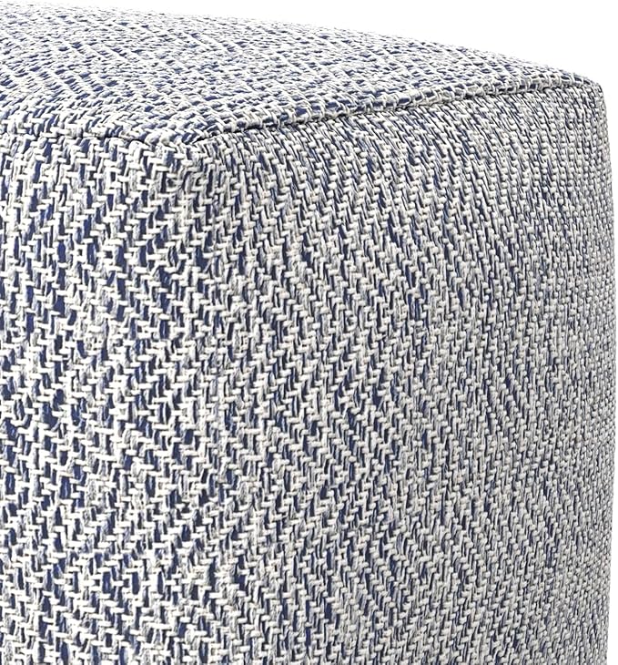 SIMPLIHOME Nate Square Pouf - 18 inch Wide Upholstered Handwoven Cotton Ottoman in Denim Melange, Boho Footstool or Extra Seating for Living Room or Bedroom with Polystyrene EPS Beads, Assembled
