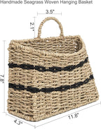 Handmade Seagrass Woven Hanging Basket with Black Cotton Rope - 11.81 x 4.33 x 7.87 Inches - Ideal for Wall Decor & Storage (Half-moon opening)