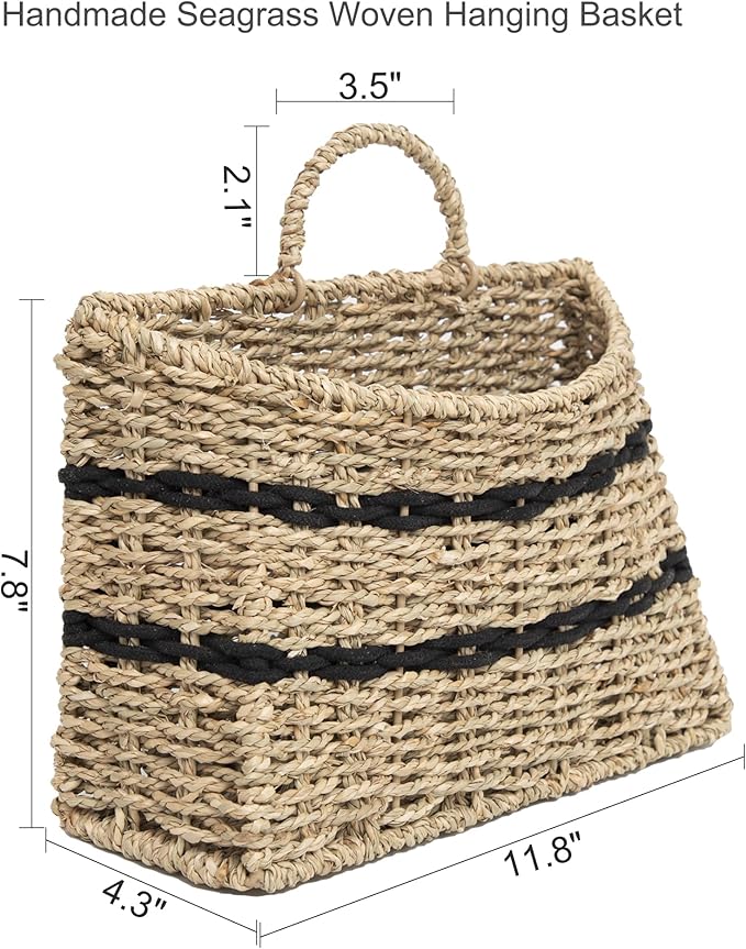 Handmade Seagrass Woven Hanging Basket with Black Cotton Rope - 11.81 x 4.33 x 7.87 Inches - Ideal for Wall Decor & Storage (Half-moon opening)