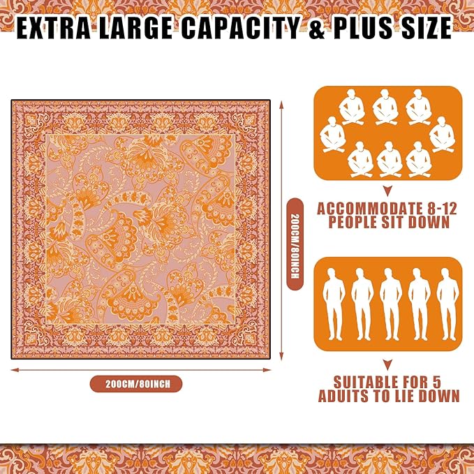 Boho Picnic Blankets 80''x 80'' Extra Large Beach Blanket Waterproof Sandproof Foldable Machine Washable Vintage Grass Lawn Park Mat for Family Camping Party Music Festival