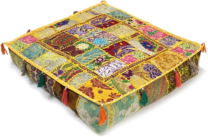 Mam Treasures Indian Bohemian Decorative Pillow Vintage Cushion Cover Patchwork Square Floor Pillow Cover Meditation Cushion Large Floor Pillow Indian Cushion (Yellow, 16 X 16 X 5 Inch)