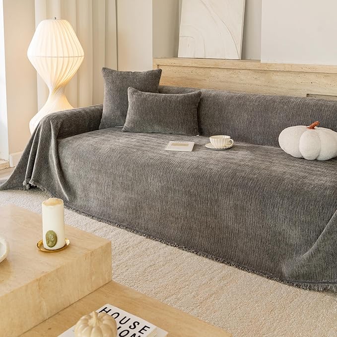 ROOMLIFE Couch Cover Sofa, Boho Chenille Couches Covers for 3 Cushion Sofas, Non Slip Soft Breathable Sofa Slipcovers for Pet, Washable Furniture Protector with Tassel,71''X134”