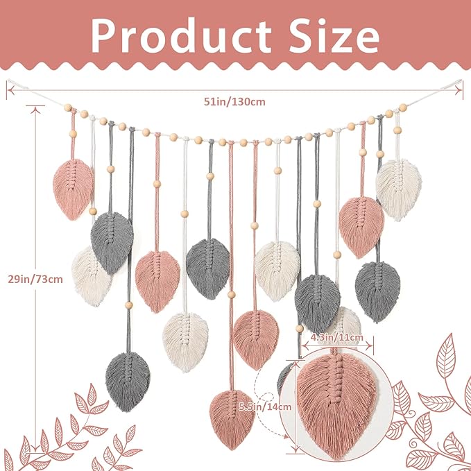 Betylifoy Macrame Wall Hanging Boho Leaves Tapestry Chic Bohemian Feather Wall Art Decor Handmade Yarn Woven Pink Leaf Tapestry Macrame Wall Decor for Bedroom Living Room Nursery Office Backdrop (Pink Gray)