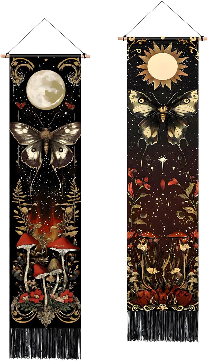 AOHMPT Pack of 2 Long Vertical Tapestry,Nature Landscape Tapestry with Serene Mountain River, Moon & Sun Motifs,Traditional Ink Painting Wall Art , Zen Aesthetic Wall Hanging for Living Room Bedroom Decor 13" W x 51" H"