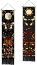 AOHMPT Pack of 2 Long Vertical Tapestry,Nature Landscape Tapestry with Serene Mountain River, Moon & Sun Motifs,Traditional Ink Painting Wall Art , Zen Aesthetic Wall Hanging for Living Room Bedroom Decor 13" W x 51" H"