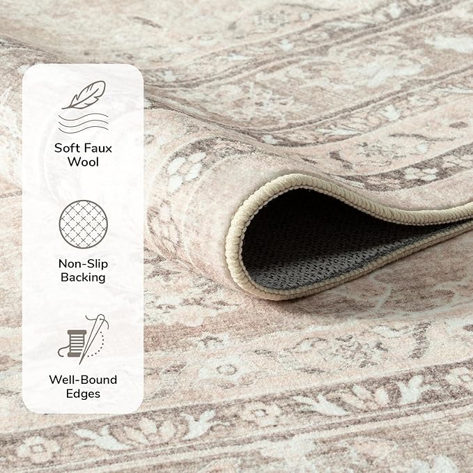 Lessymo 5x7 Area Rugs for Living Room, Machine Washable Non Slip Rug, Soft Low Pile Carpet for Bedroom Dining Home Office, Vintage Beige Distressed Floral Floor Mat