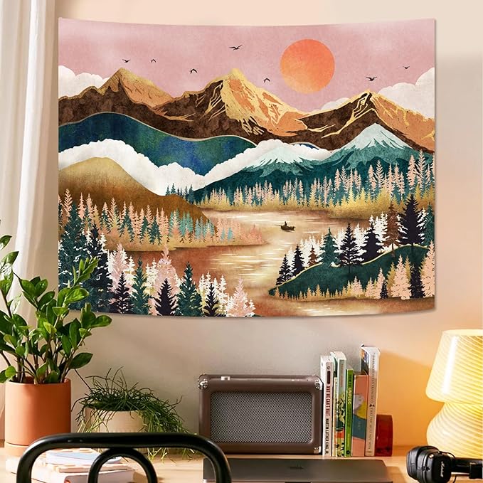 Zussun Mountain Tapestry Nature Forest Tree Tapestries for Bedroom Aesthetic Sunset Tapastry's Wall Hanging Orange and Green Landscape Wall Tapestry for Living Room Dorm (Orange, 80'' × 60'')