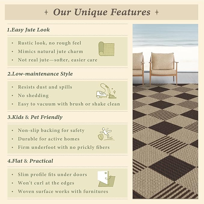 2x6 Diamond Checkered Runner Rug for Kitchen - Easy Jute Plaid Rug for Entryway Bedroom Beside Bed, Woven Low Pile Washable Black and White Geometric Farmhouse Décor
