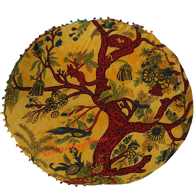 35 X 35 Inch Large Mandala Floor Pillow Cushion Seating Throw Cover Hippie Decorative Bohemian Ottoman Poufs, Multi Pom Pom Pillow Cases,Boho (Yellow T.L, 35X35X6 Round)