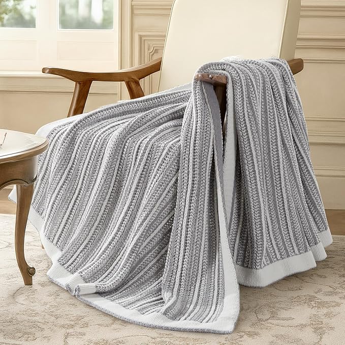 Amélie Home Striped Knit Throw Blanket for Couch, Dual-Sided Soft Chenille Decorative Blankets for Sofa & Chair, 50"x60", Gray & White