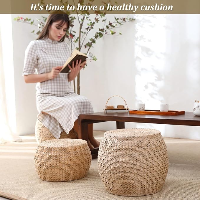 Round Straw Seat Cushion, Tatami Floor Pillow Sitting Cushion, Breathable Round Braided Woven Pouf Ottoman Footstool for Yoga, Meditation, Living Room, Porch (11.81" Dia. x 8.66" H)
