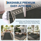 GarveeHome Jute Runner Rug 2x6 Washable Easy Jute Rug Non-Slip, Modern Bordered Indoor Outdoor Floor Mats, Easy Cleaning Geometric Neutarl Rugs for Kitchen Bedroom Balcony Entryway Porch, Black