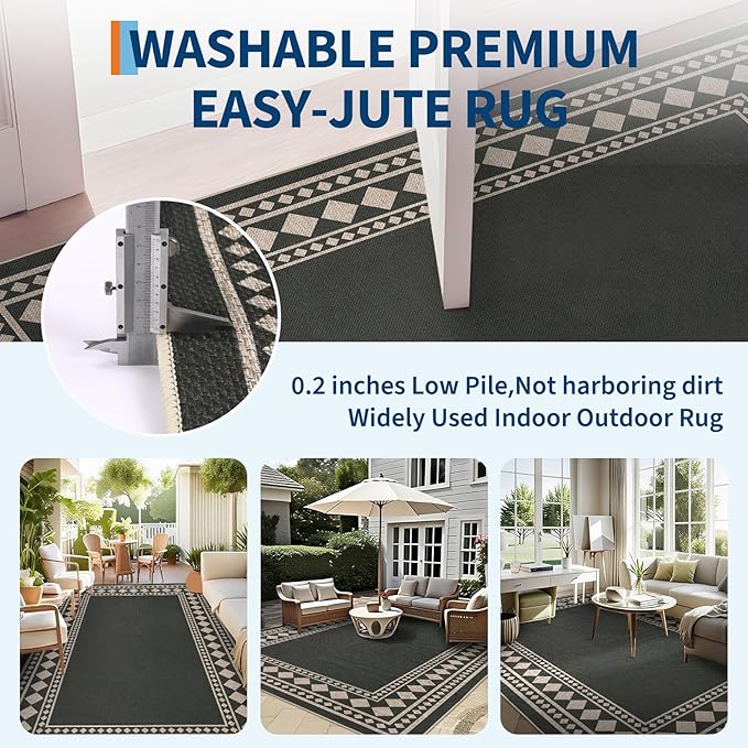 GarveeHome Jute Runner Rug 2x6 Washable Easy Jute Rug Non-Slip, Modern Bordered Indoor Outdoor Floor Mats, Easy Cleaning Geometric Neutarl Rugs for Kitchen Bedroom Balcony Entryway Porch, Black