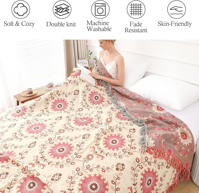 Snycler Boho Throw Blanket for Bed - 100% Cotton Ultra Soft Rustic Quilt - Pink Boho Floral Printed Farmhouse Decor Bed Blankets, 60"×80" All Season Rustic Throw for Sofa Couch Chair