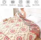 Snycler Boho Throw Blanket for Bed - 100% Cotton Ultra Soft Rustic Quilt - Pink Boho Floral Printed Farmhouse Decor Bed Blankets, 91"x98" All Season Rustic Throw for Sofa Couch Chair