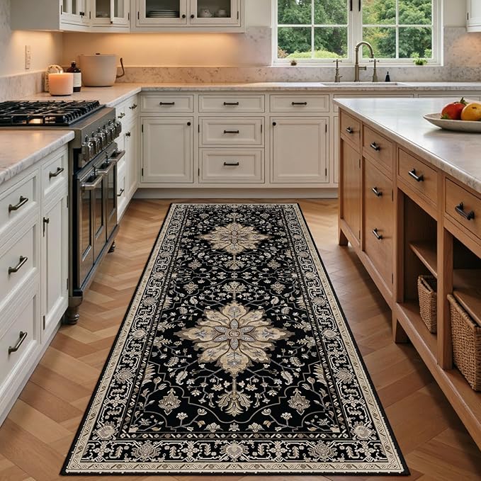 Area Rugs 3'x8' Runner Rug Non Slip Washable for Kitchen Hallway Bedroom Beside Laundry Room Bathroom Rug, Floor Carpet, Black Brown Neutral Dark Tan