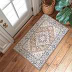 Lessymo 2 x 3 Entryway Rug- Machine Washable Area Rugs Boho Faux Wool Low Pile Area Rug for Bedroom, Floral Medallion Vintage Outdoor Rugs with Non-Slip Rubber,Brown Beige