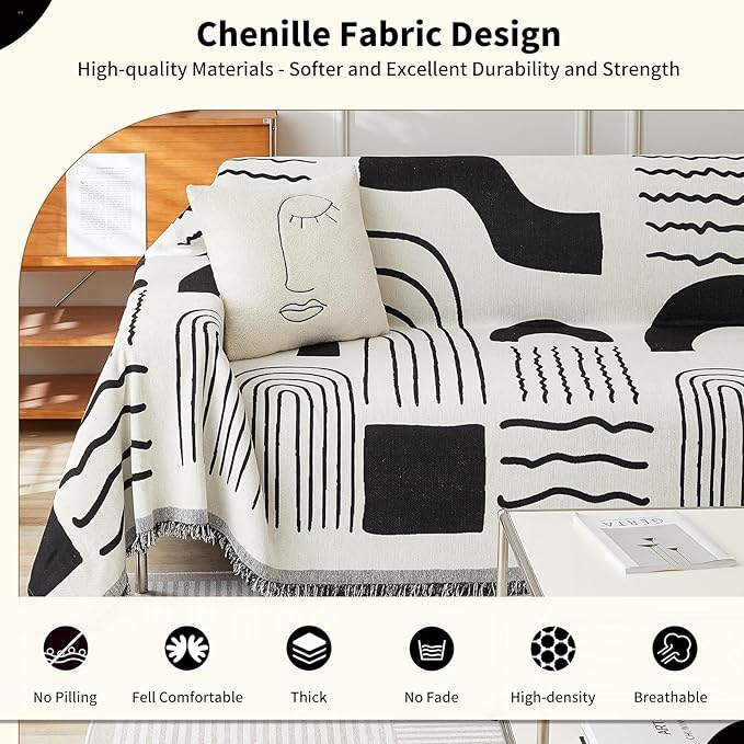 Boho Chenille Couch Cover with Tassels, Bohemian Sofa Cover for 3 Cushion Couch, L-Shaped Sectional, Loveseat, 2/3/4 Seater (71" x 150", Black)