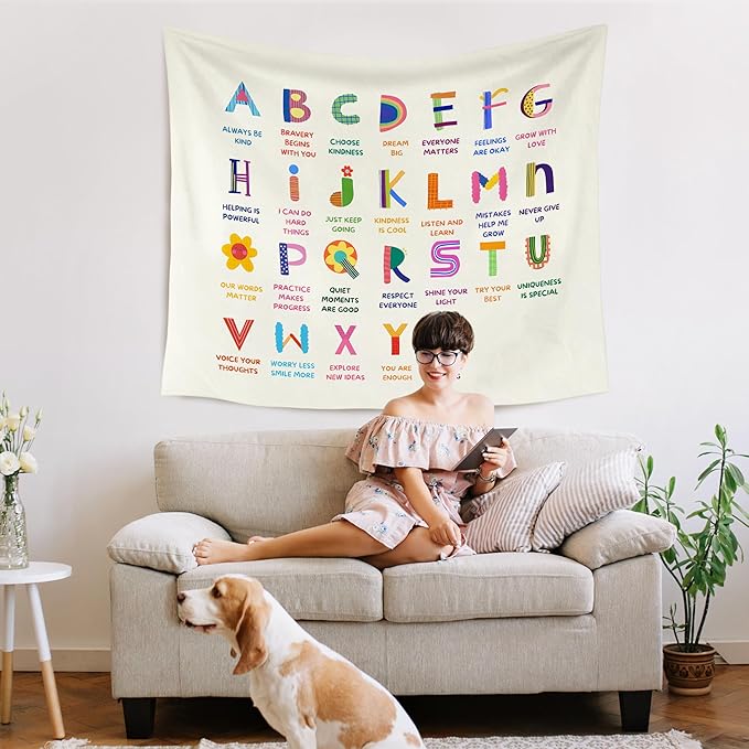 WARDOS Alphabet Nursery Inspirational Tapestry, Boho Kids Tapestry Wall Hanging, ABC Alphabet Inspirational Educational Wall Blanket Decor for Toddler Kids Room Nursery Playroom Classroom, 50x60 Inch