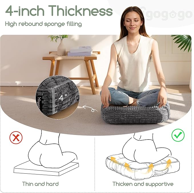 Washable Floor Pillow Cushion for Adults, Meditation Cushion Pillow, Removable Tufted Blended Corduroy Cover, Large Square Floor Sitting for Tatami Living Room or Yoga, 22x22 Inch, Machine Washable