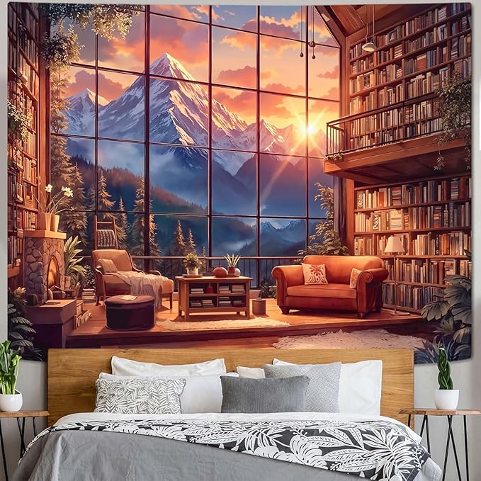 Accnicc Forest Mountain Library Tapestry Fantasy Bookshelf Tapestries Wall Hanging Watercolor Nature Fairy Sunset Library Backdrop Large Tapestry for Bedroom Living Room Dorm Classroom 80 x 60 inch