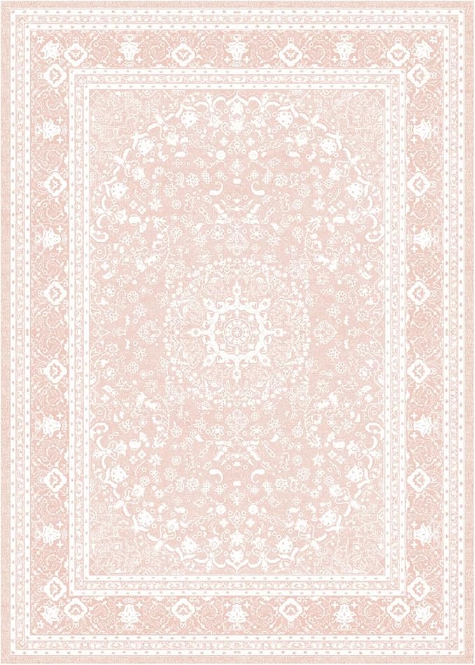 Lessymo 5x7 Area Rugs- Machine Washable Area Rugs, Super Soft Faux-Wool Area Rug for Living Room Bedroom, Boho Area Rug Vintage Floral Medallion Non-Slip Low Pile, Kid & Pet Friendly, Pink