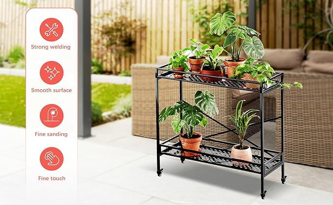 Zhongma 2 Tier Window Height Sturdy Metal Plant Stand with Wheels, 40.5x16x39.4 Inch High, Heavy Duty Succulent Shelf for Home Indoor and Outdoor, 440 LBS Capacity & Heavy Duty Construction